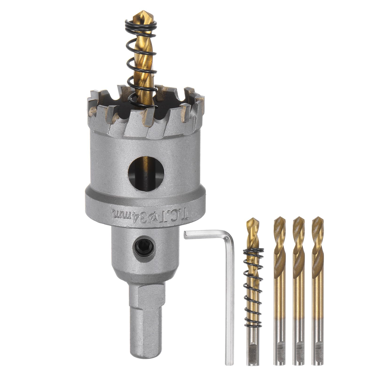 HARFINGTON Carbide Hole Saw Kit 34mm (1-11/32") Metal Hole Cutter Set with 5pcs Center Drill Bits Springs 1pcs Wrench for Stainless Steel Copper Iron