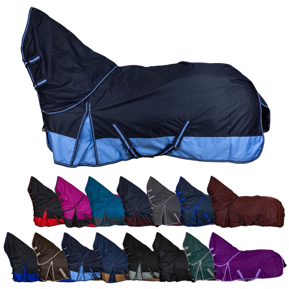 RL24 - Weidedecke Full Neck Basicline 600D Nylonfutter m. Füllung – Pferde Winterdecke – wasserdichte Outdoordecke m. Kreuzbegurtung – Pferdedecke in Blau/Babyblau – Größe 135cm (100g/m²)