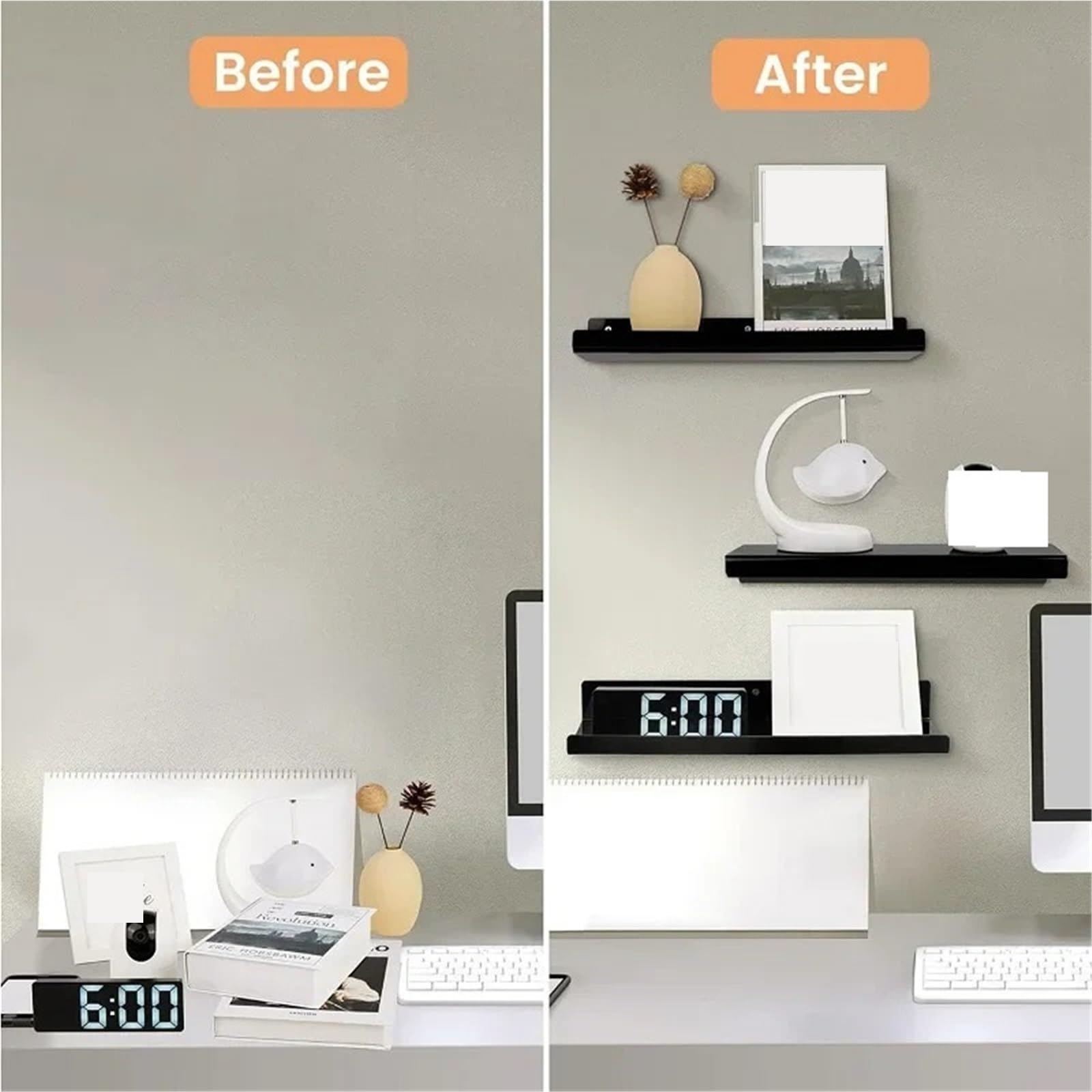 Estantes Flotantes Estante de pared for libros, estante flotante montado for dormitorio, baño, cocina, organizador, almacenamiento, soporte de Perfume y maquillaje, 2 uds. Para Salón, Cocina(2pcs-Blac