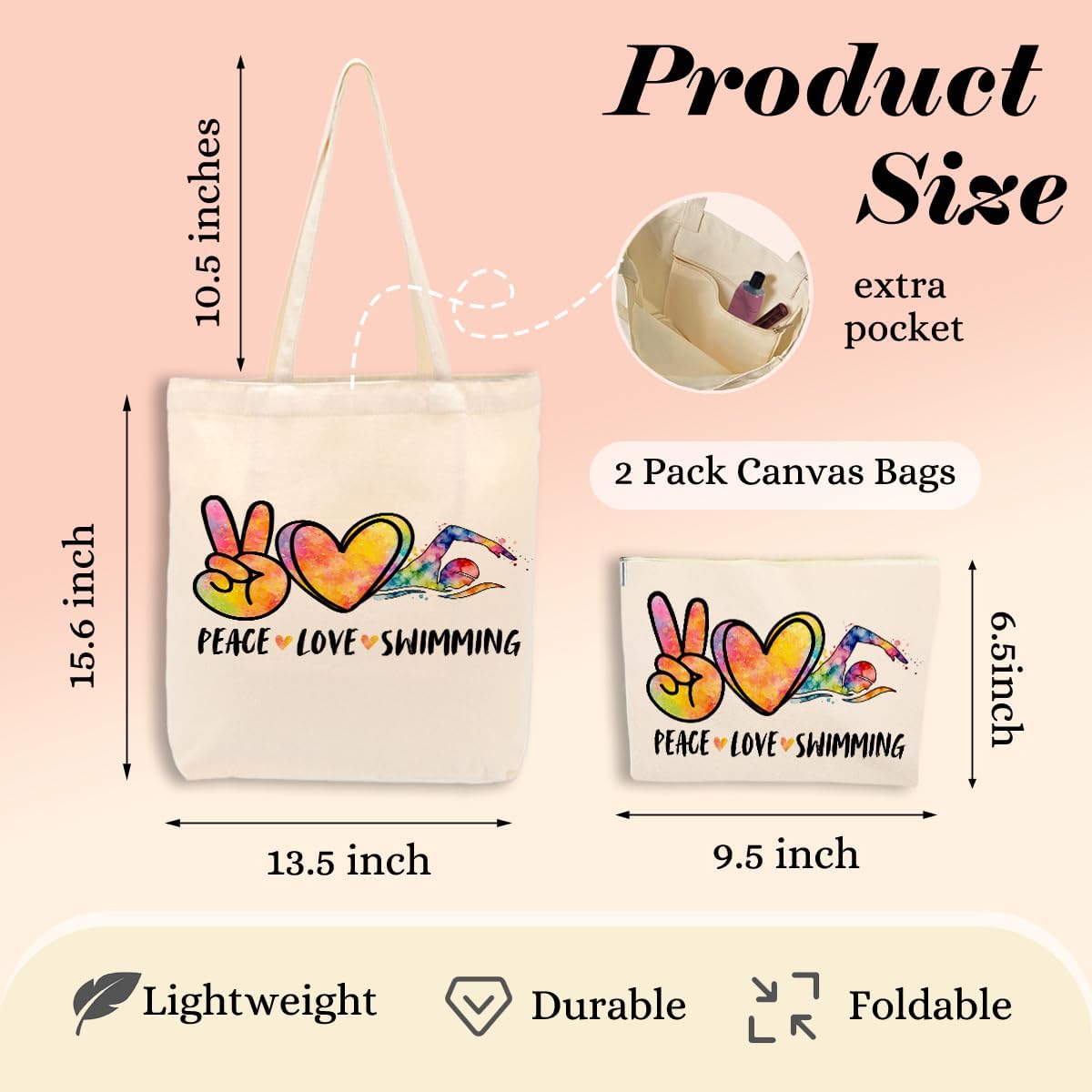 Peace Love Swimming 2PCS Cosmetic Bags Canvas Tote Bag Beach Bag with Pocket Makeup Bags， Funny Swim Gifts for Women Swimmer Swimming Coach Team Teacher Swim Lovers Birthday Christmas Friendship - Image 2