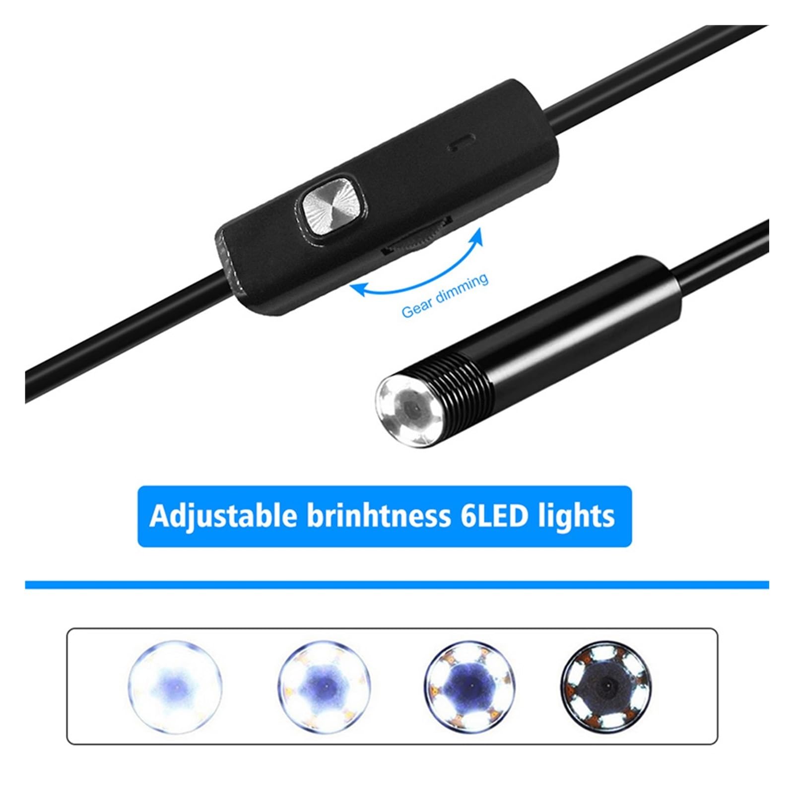 Industrielle Endoskopkamera 7 mm, IP67 wasserdicht, Inspektions-Boreskop, 6 LEDs, verstellbar, Kfz-Anschluss, USB Typ-C, Micro-USB