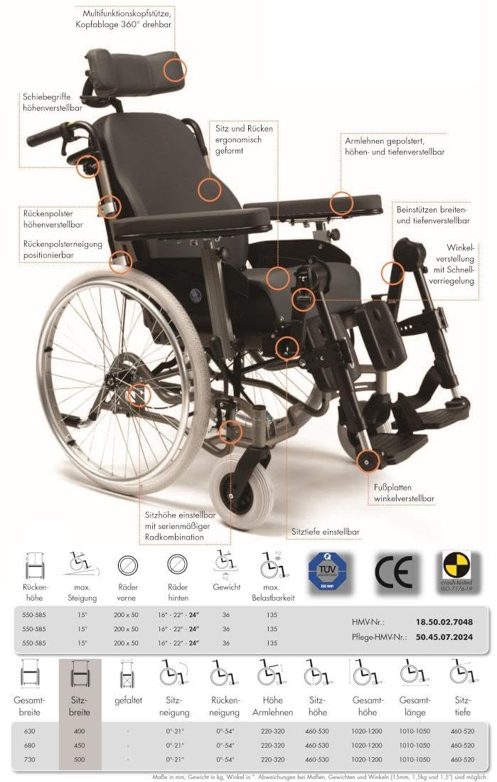 FabaCare Multifunktionsrollstuhl INOVYS II mit Trommelbremse, Pflegerollstuhl, Transportrollstuhl, Rollstuhl, höhenverstellbar, neigbar, tiefenverstellbar, Liegefunktion, Sitzbreite 45 cm