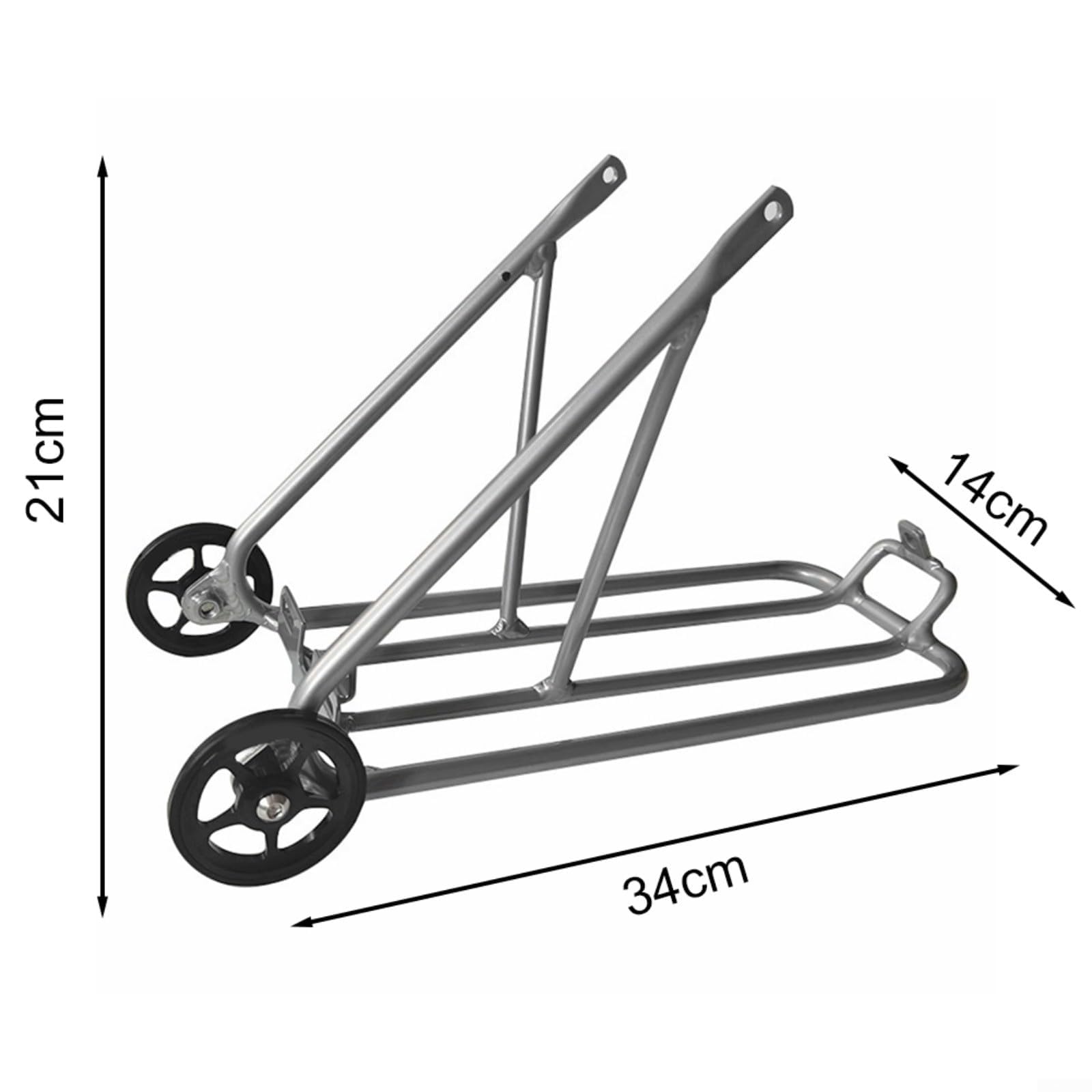 Fahrradträger aus Aluminiumlegierung, 40,6 cm (16 Zoll), zusammenklappbar, mit einfachen Rädern, 34 x 14 x 21 cm, für Brompton-Reifen, silberfarbene Gepäckablage für Pendler