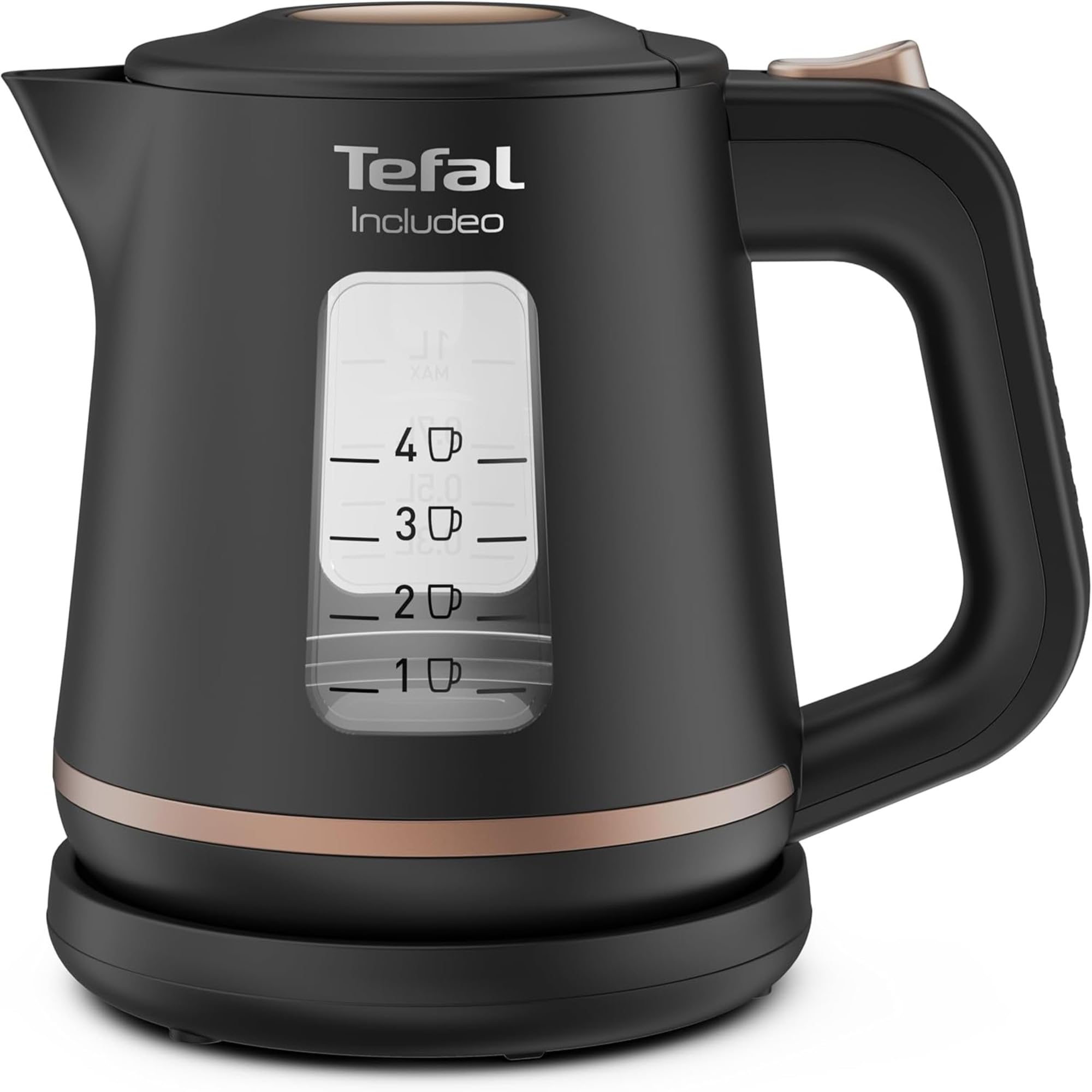 Gros plan sur la poignée ergonomique et les fenêtres de niveau d'eau de la bouilloire Tefal Includeo KI533811.