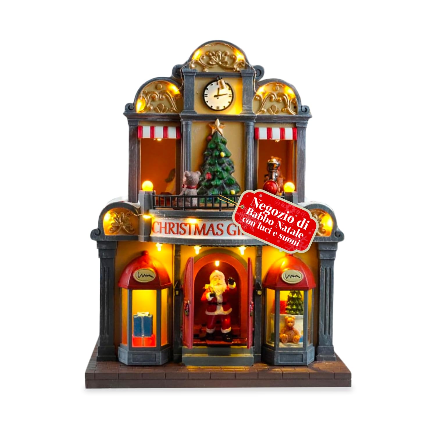 Boutique de Père Noël animée avec lumières LED musicales pour village festif