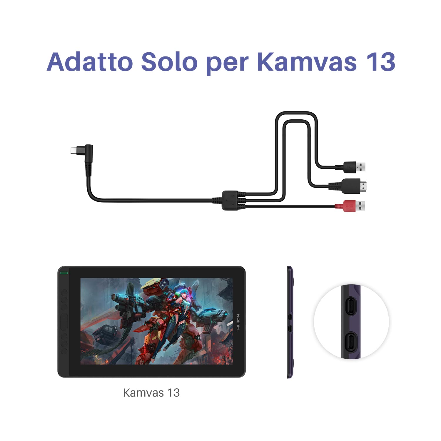HUION CB05A Cavo, 3-in-1 Cavo USB-C 1,5 Metri Kamvas 12, Kamvas 13, Kamvas 16（2021） Monitor di Disegno Grafico