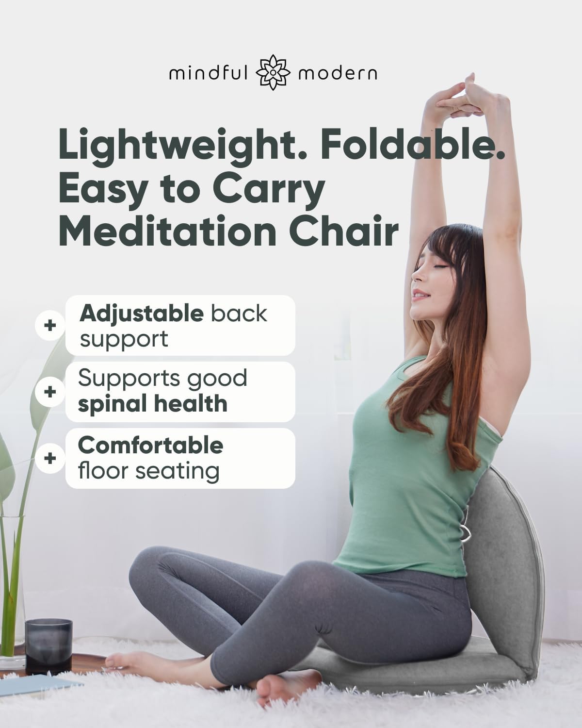 Mindful Modern Meditation Chair | Adjustable Floor Chair with Back Support | Padded Floor Seat for Posture Support and Comfort | Portable Folds Flat for Storage | Indoor/Outdoor Use | Slate Grey