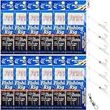 Fishing Bait Rigs Saltwater, 12 Packs Surf Fishing Lure Bait Rigs Set with Fish Skin Glow Beads String Hooks Swivels Mackeral Herring Baitfish Sea Bass Rigs