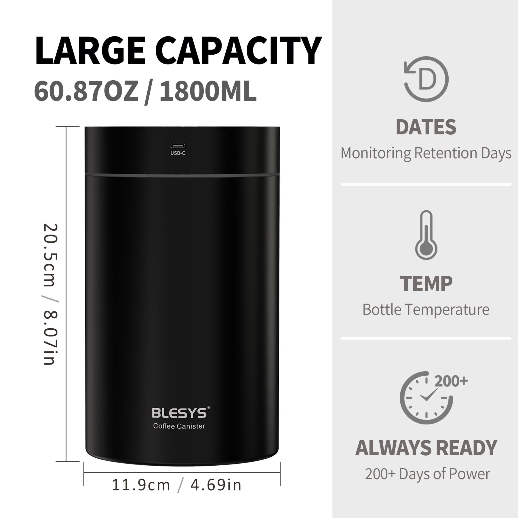 BLESYS Intelligente Vakuum Kaffeebohnenbehälter, automatischer Lebensmittelbehälter aus Edelstahl, LCD Überwachung, Frische auf Knopfdruck, Datumsanzeige, fasst 20 Unzen Kaffeebohnen(Schwarz 1,8l)
