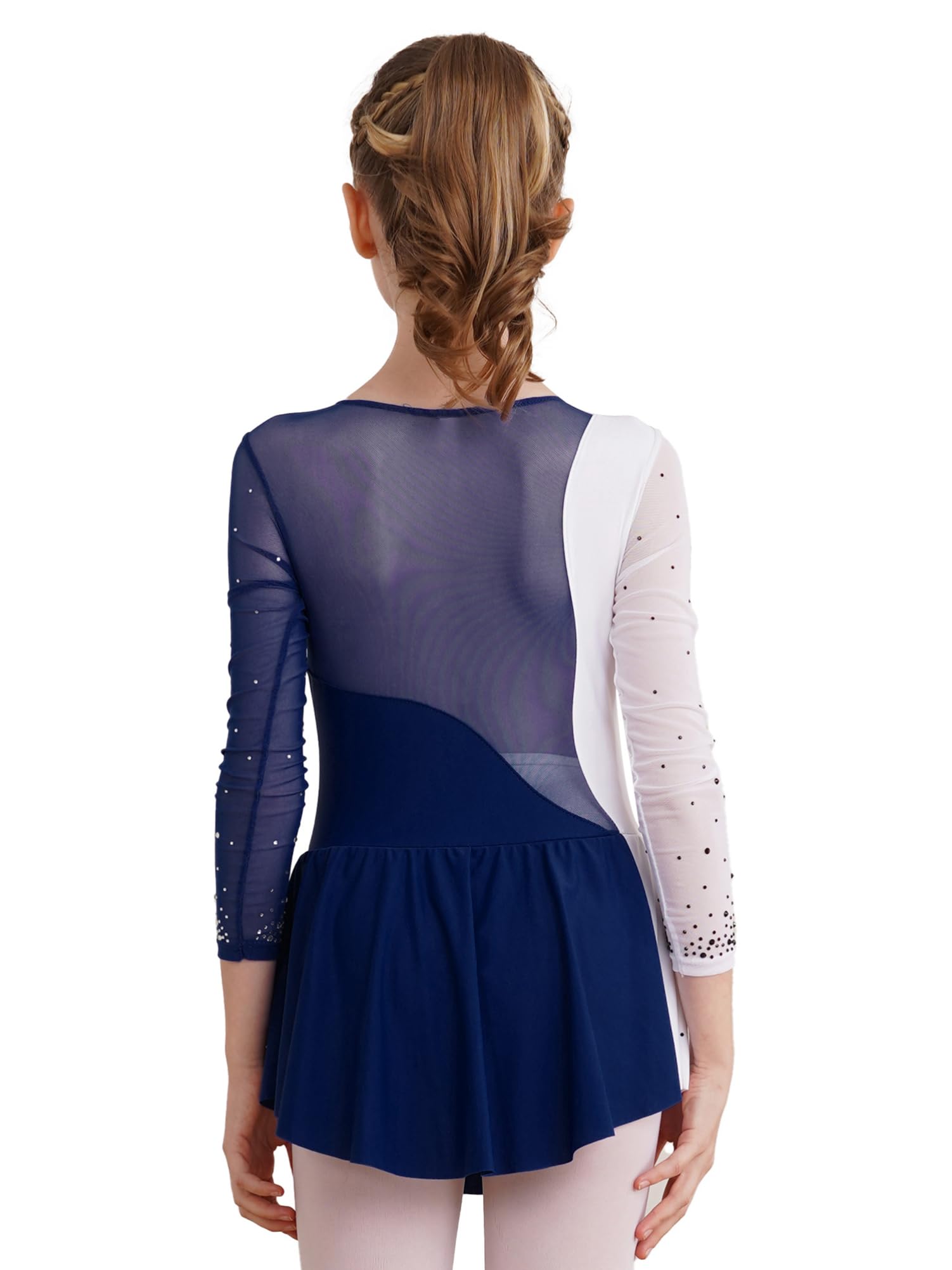 CHICTRY Kürkleider Eiskunstlauf Kinder Mädchen Strass Glitzer Rollschuhkleid Langarm Tanzbody Farbblock Patchwork Trikot Mit Wickelrock Dancewear