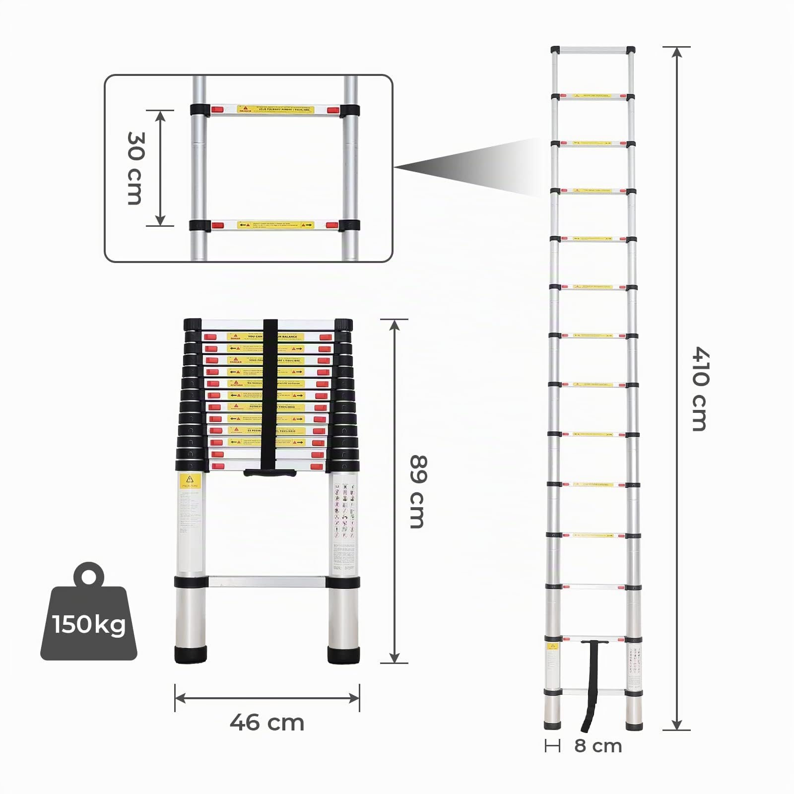 Todeco - Teleskopleiter, Klappleiter - Maximale Belastbarkeit: 150 kg - Standard/Zertifizierung: EN131-4,1 Meter, GRATIS Tragetasche, EN 131