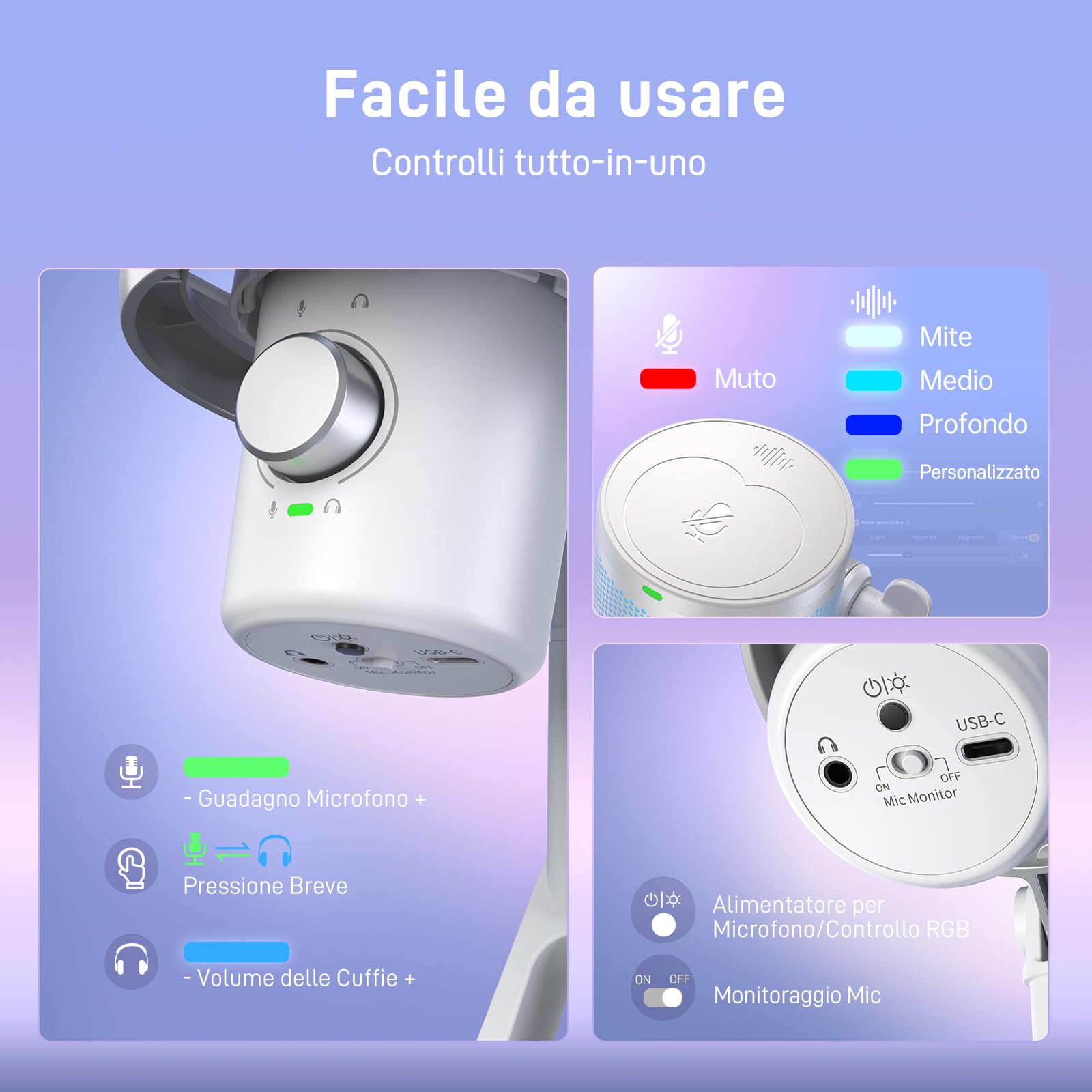 MAONO Microfono Wireless per PC, Microfono PC con Software di Cambiavoce Vocale IA, Cancellazione del Rumore a 3 Stadi, Luce RGB Personalizzata, per Gioco, Podcasting, Streaming, DM40 Pro Bianco