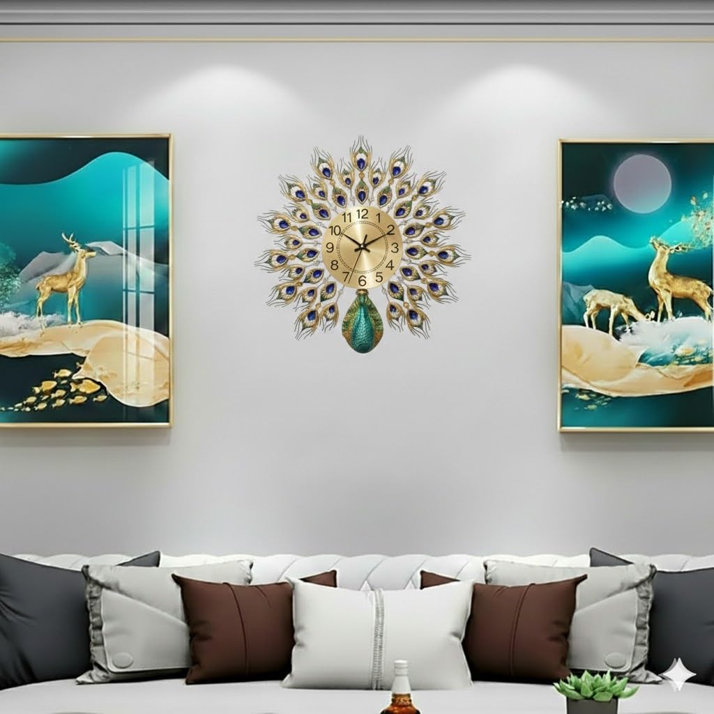 R RUNILEX Peacock European Style Luxury Living Room Analog Clock 3D Diamonds Non-Ticking Silent Creative Personality Metal Large Crystal Quartz Art Wall Decorative (Multi) (Small Peacock Clock)