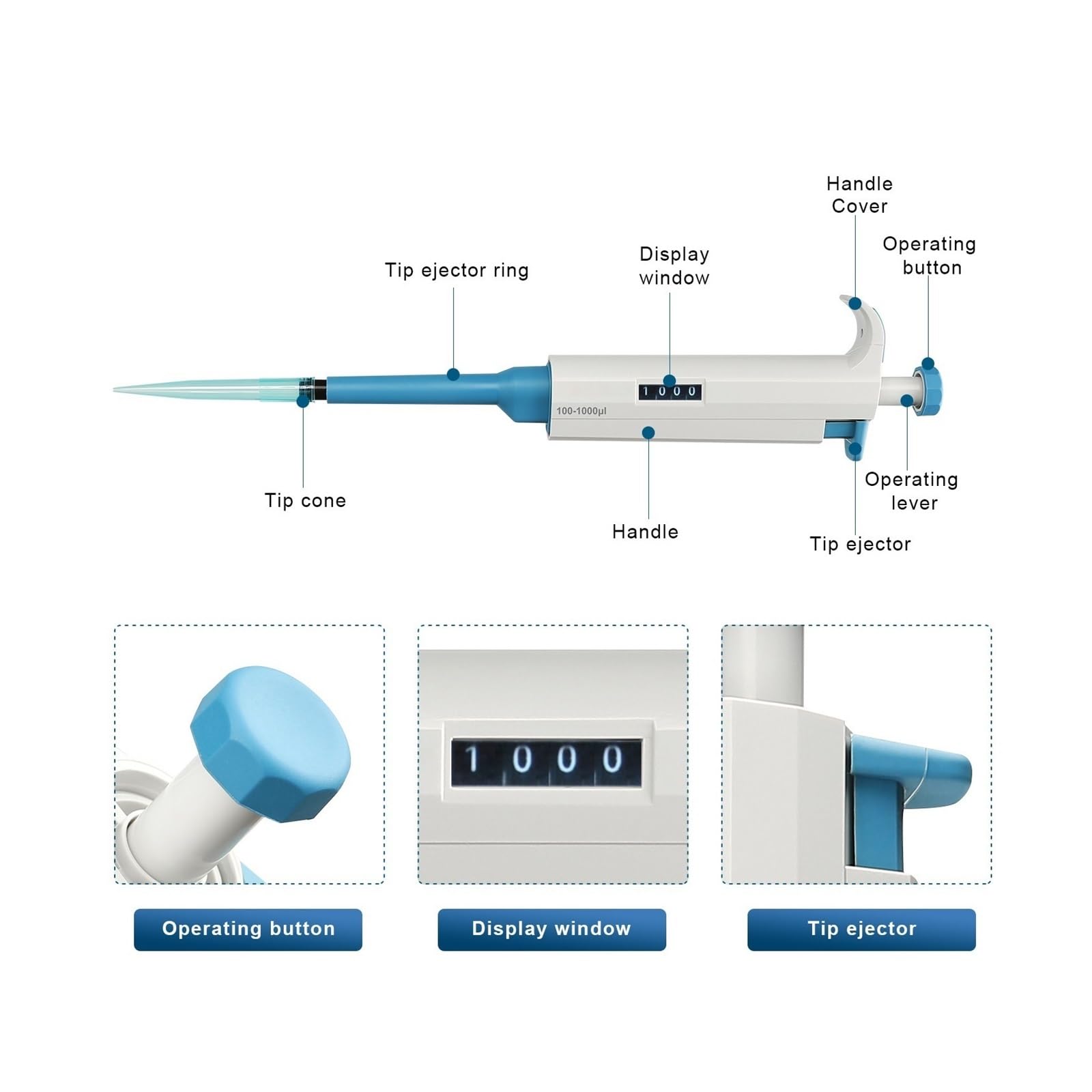 Pipeta automática de Laboratorio, Equipo de micropipeta Ajustable de un Solo Canal, pipeta de Transferencia de plástico con Puntas de pipeta(100-1000ul)