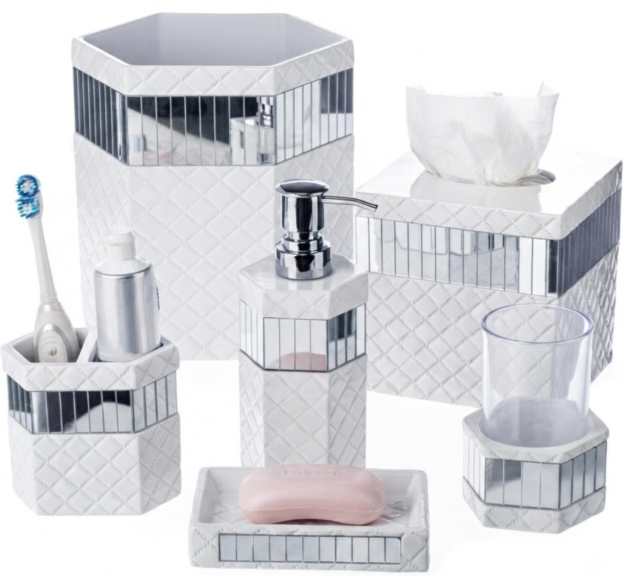 Creative Scents Quilted Mirror 6 Piece Bathroom Accessories Set