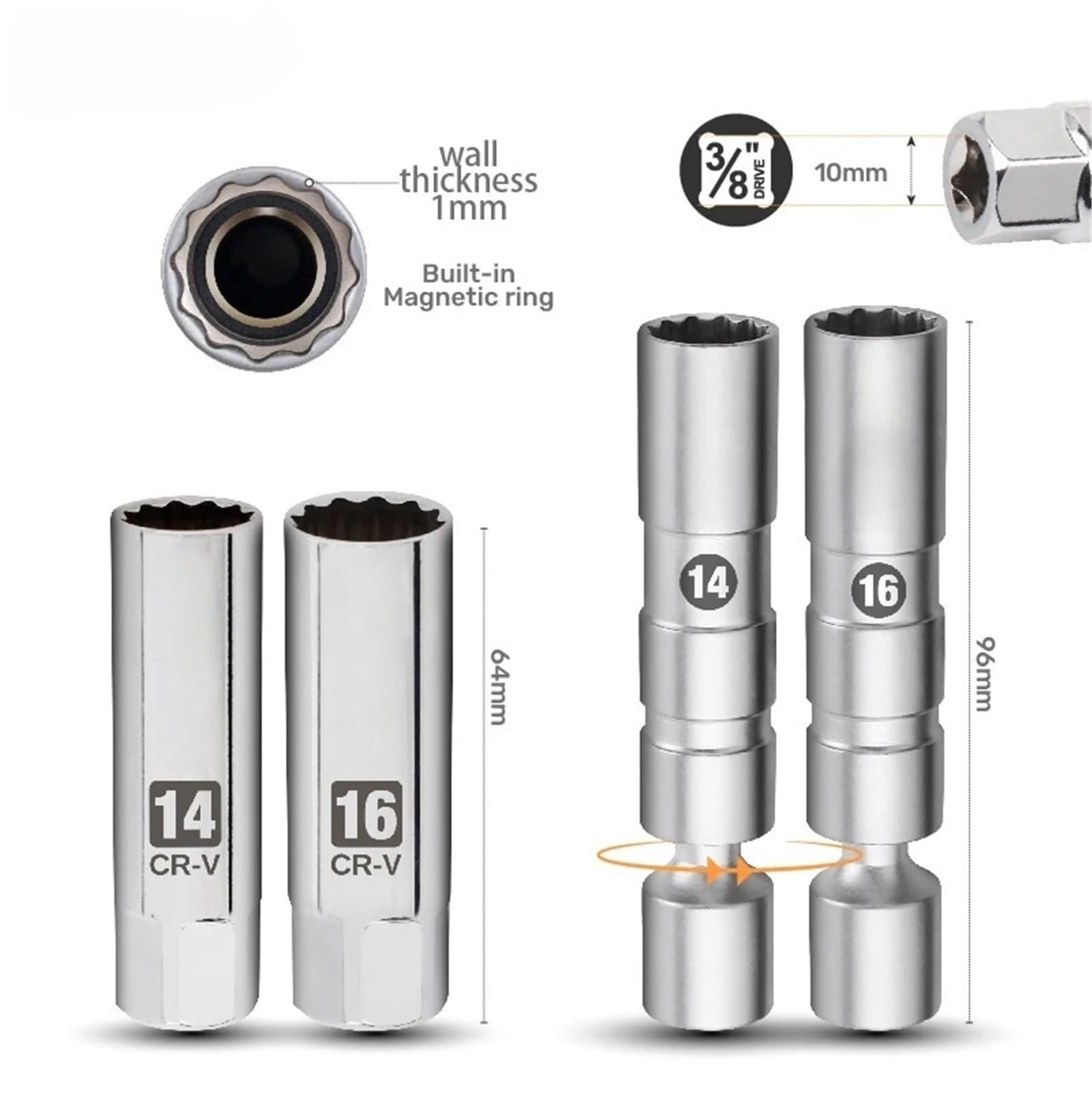 Zestaw kluczy grzechotkowych, Zestaw kluczy dynamometrycznych 3/8" 10-60Nm 14/16mm Magnetyczne gniazdo do świec zapłonowych Narzędzie naprawy samochodów konserwacji silnika(Rose)