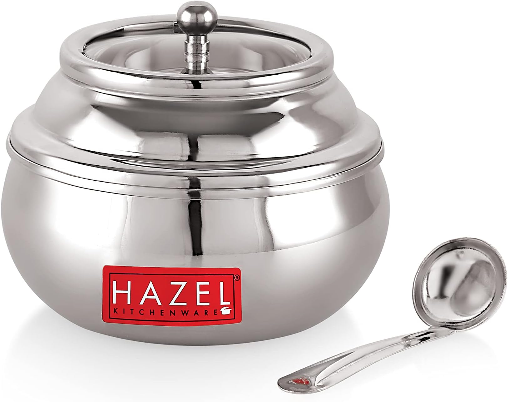 HAZEL Stainless Steel Ghee Pot with Spoon & See Through Lid | Oil Containers for Kitchen | Ghee Storage Container with Glossy Finish, 200 ML