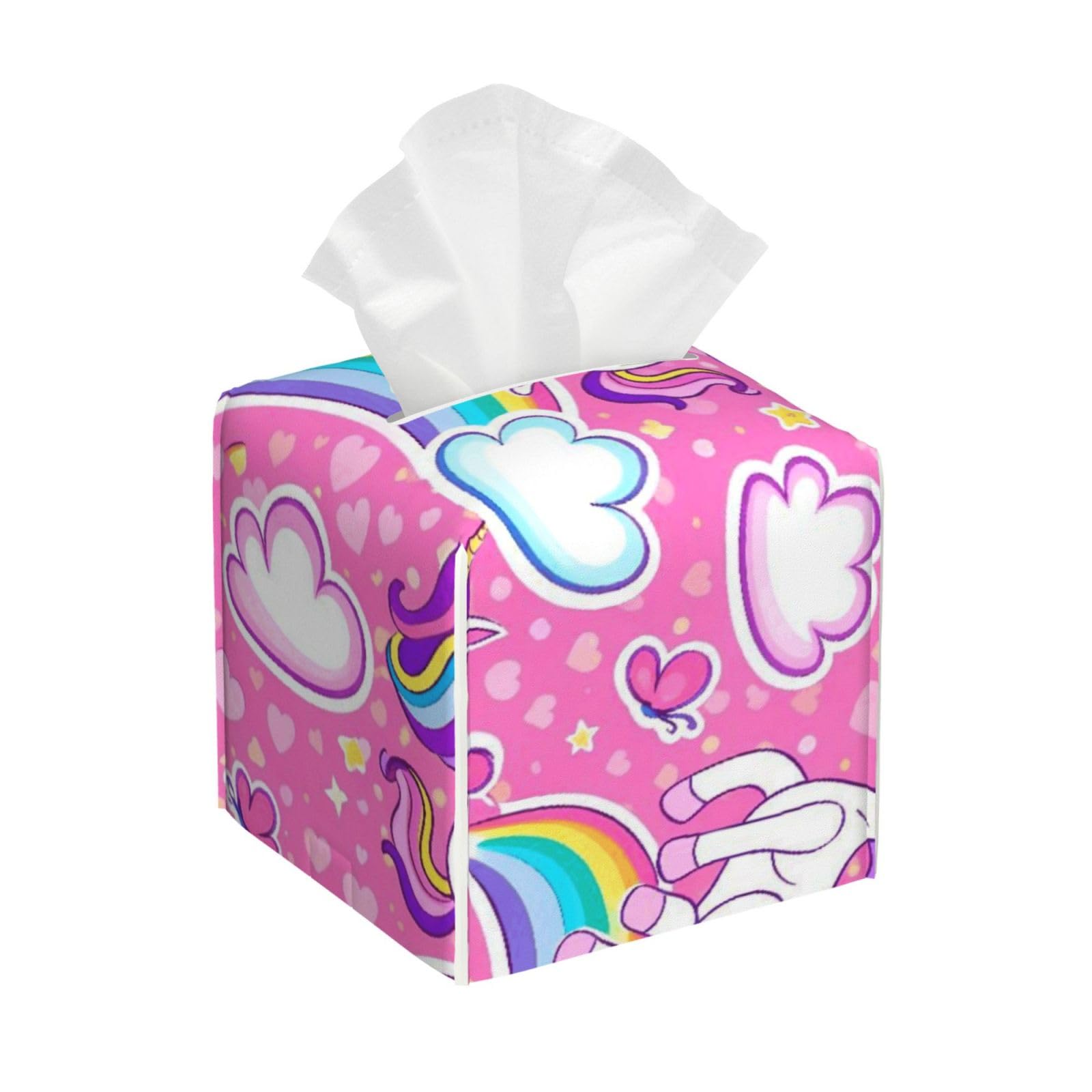 Cute Cheerful Unicorns Rainbow Leather Tissue Box Cover Holder Square Facial Paper Organizer 5.2" X 5.2" X 5.2"