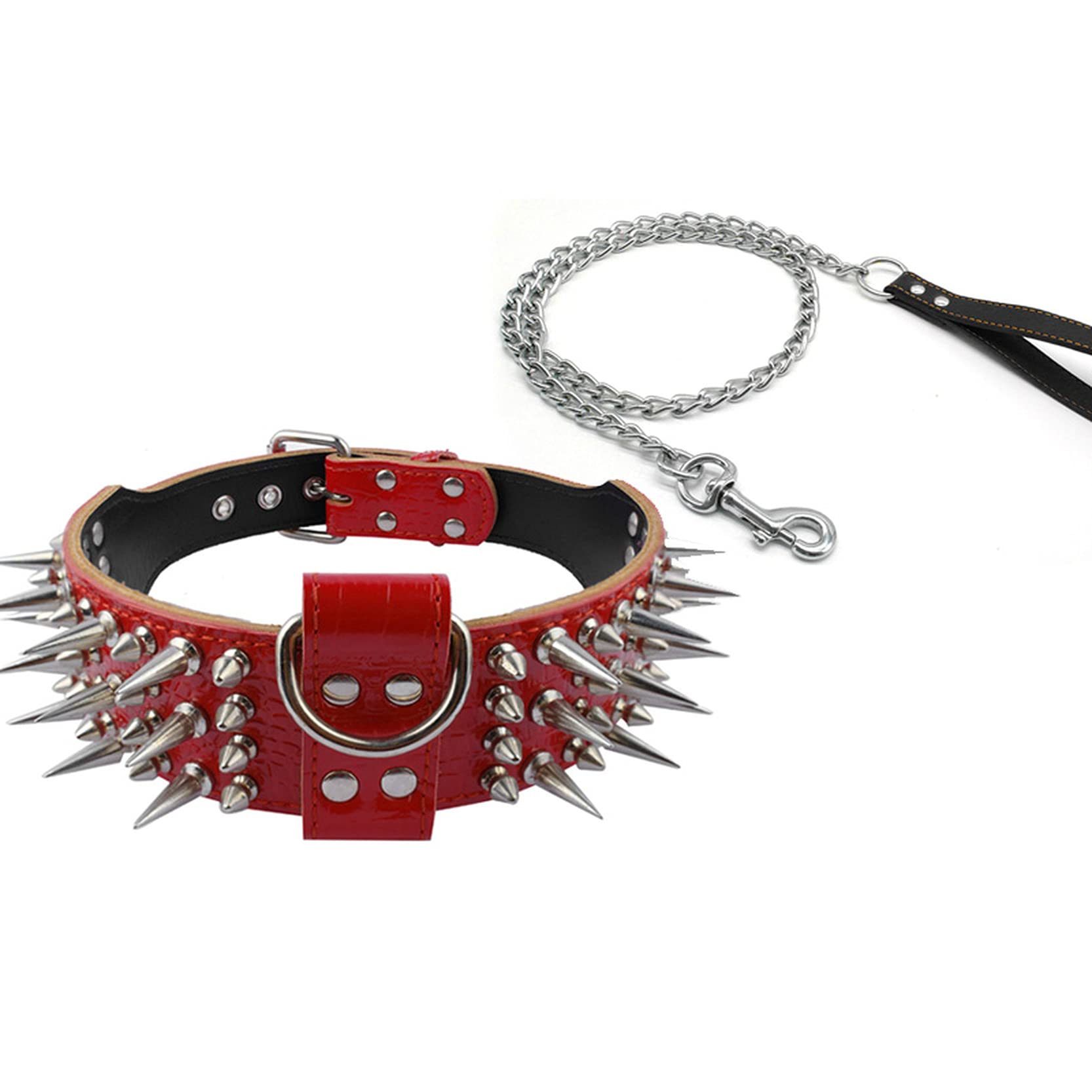 Collier en cuir clouté avec chaîne de fer rouge pour chiens de moyenne et grande taille (M, 43-50 cm)