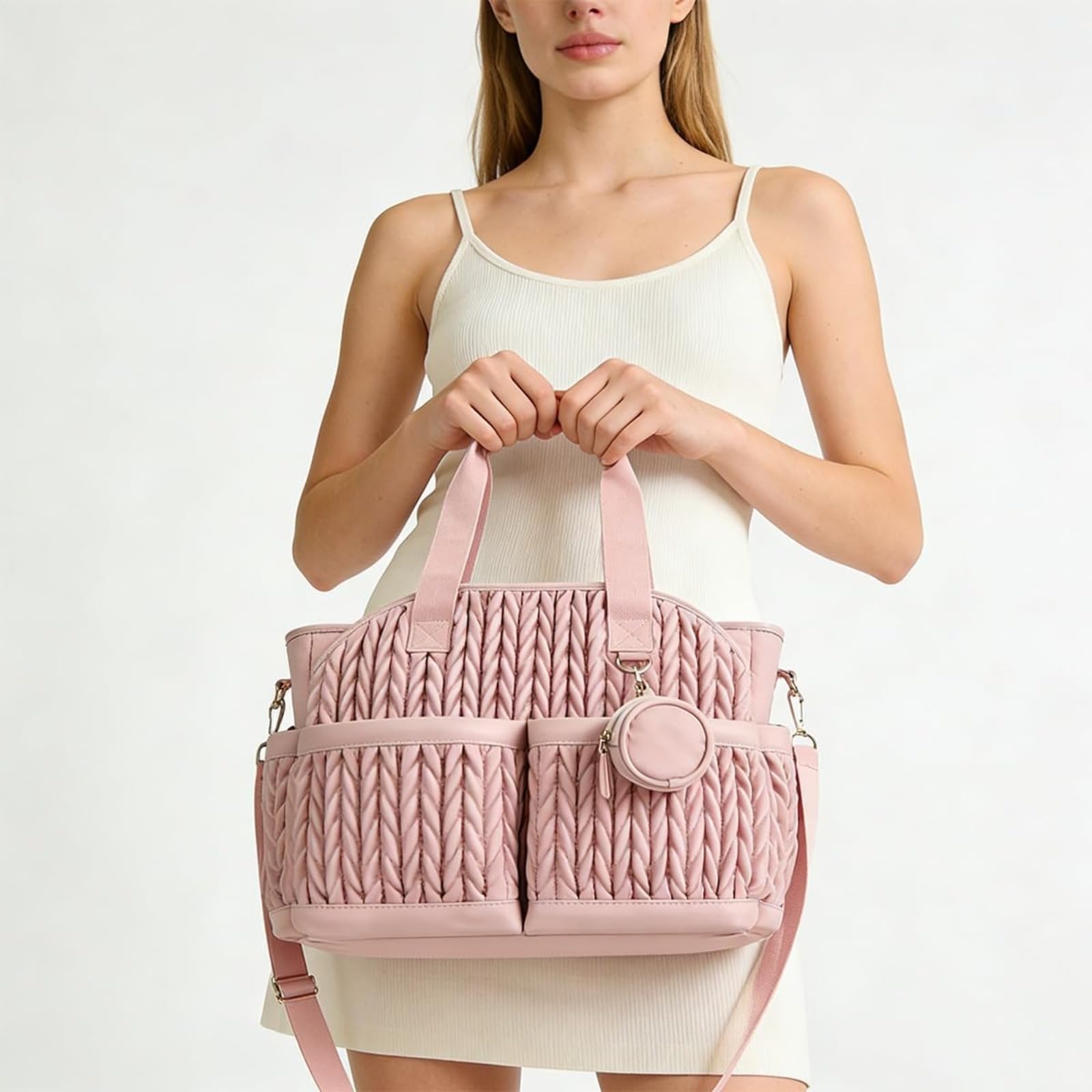 Elegante bolsa de pañales para bebé con múltiples compartimentos, bolsa de pañales de viaje impermeable, bolso portátil con correa para el hombro y compartimento para chupetes.