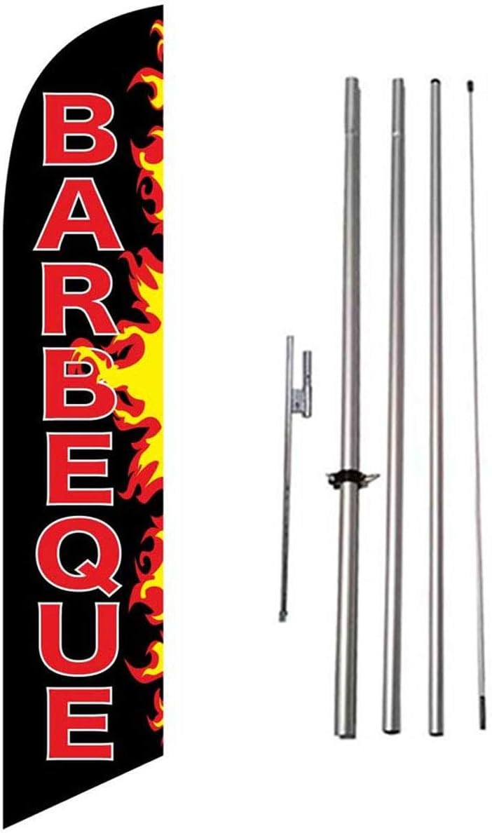 Barbeque BBQ Restaurant Advertising Feather Banner Swooper Flag Sign with Flag Pole Kit and Ground Stake