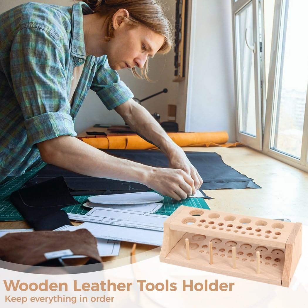 BOSREROY 46 Holes Leather Tool Holder Solid Beech Wood Craft Organizer For Punches Brushes Diy Sewing Accessories