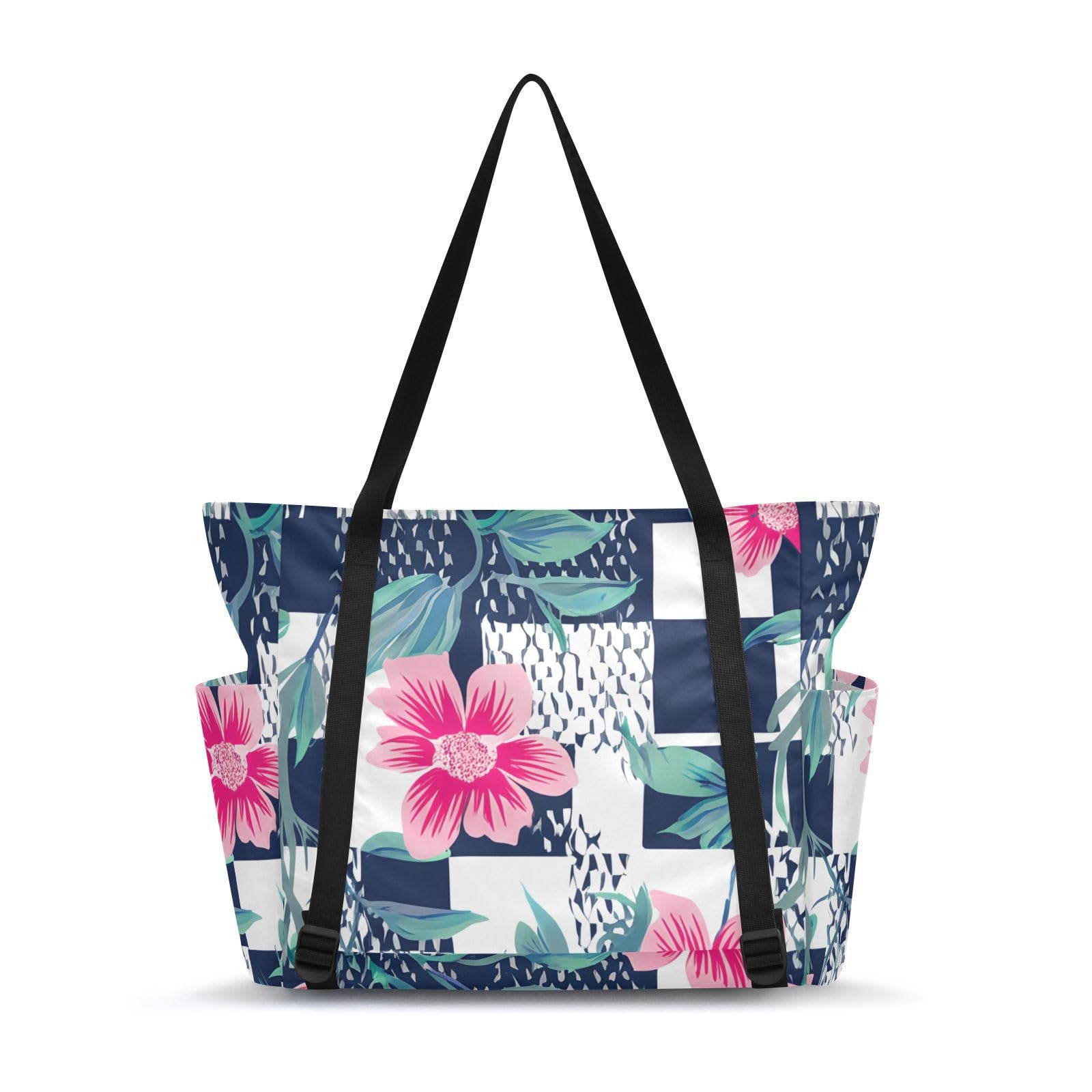 Lxqimora Flowers Checkered Stylish Blue Yoga Mat Bag for Women Water-Resistant Gym Bag with Yoga Mat Holder Tote Bag for Pilates Gym Yoga Travel