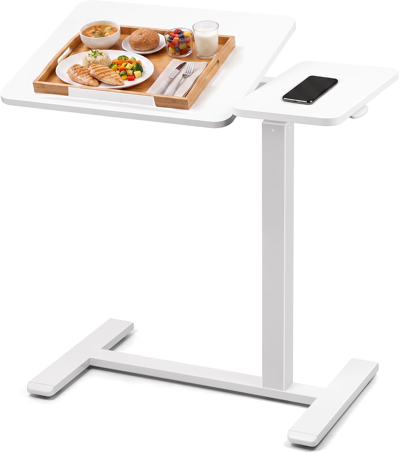 Adjustable Overbed Table with Tilt Board & Wheels, Rolling Bedside Laptop Desk for Hospital Bed Home Office, Height Adjustable Bed Table Tray for Eating Working Reading, 26.18”-42.12”（Brown）