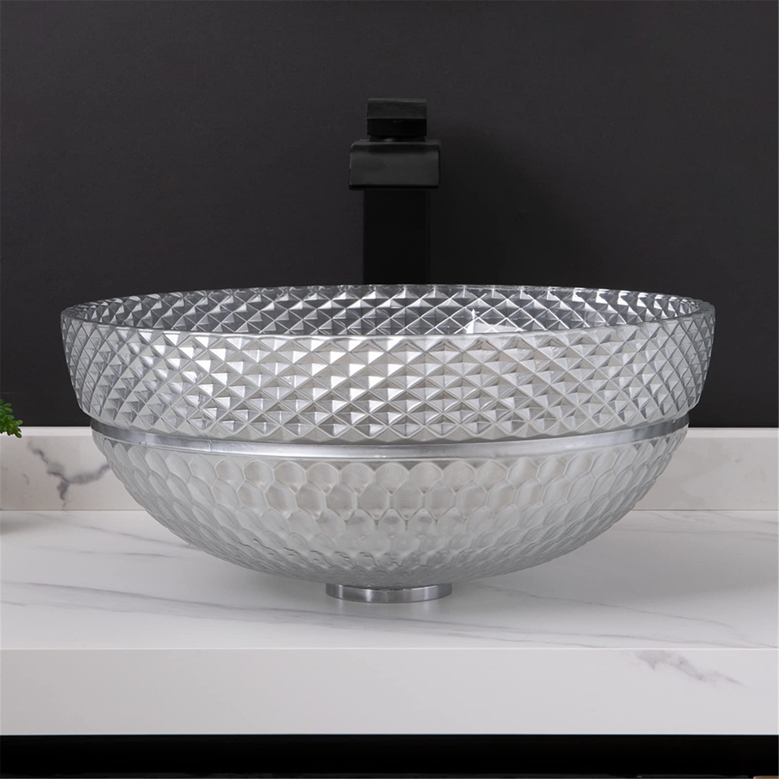 Lavandino da appoggio e Rubinetto per Il Bagno, lavabo da appoggio Rotondo in Vetro Artistico, Rubinetto Nero con Set di Scarico e Accessori, Grigio