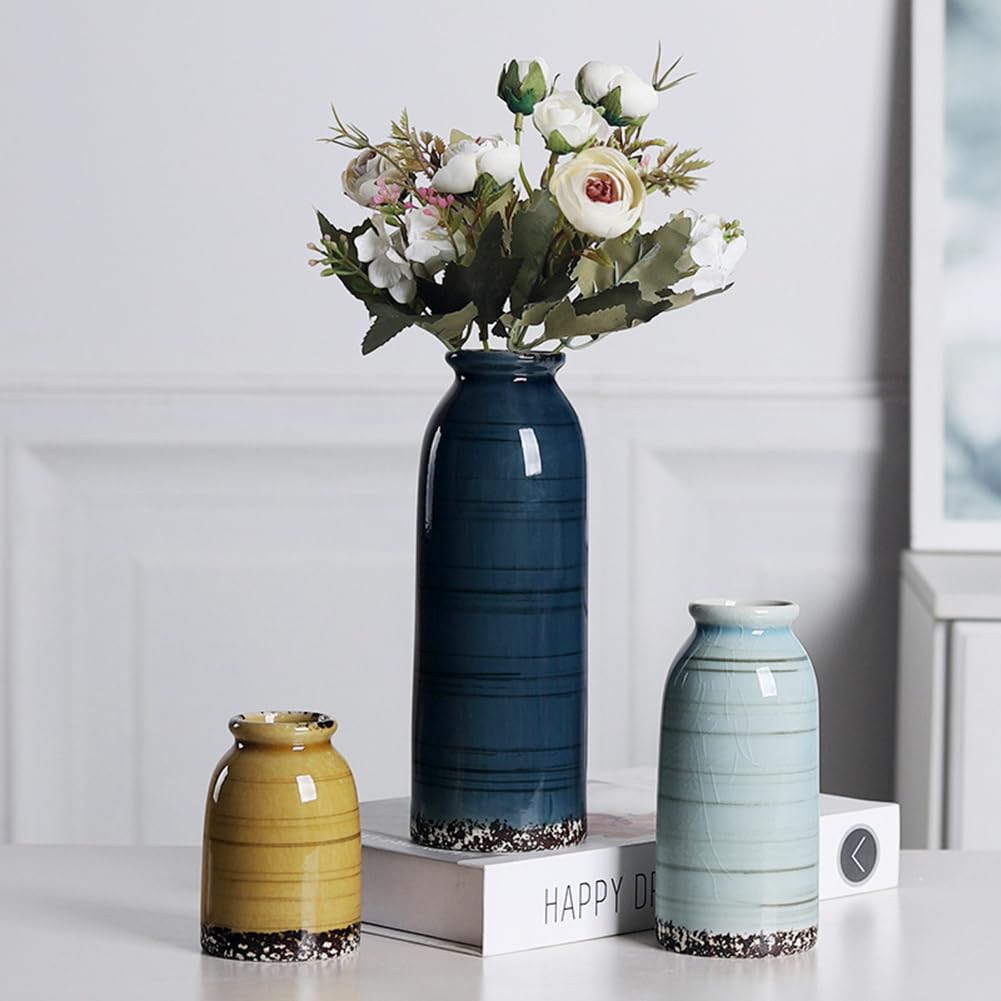 Juego de 3 jarrones de cerámica, jarrones de cerámica para decoración del hogar, floreros Decorativos para Hierba de Pampa y Flores secas, Mesa, estantería (Coloreado)
