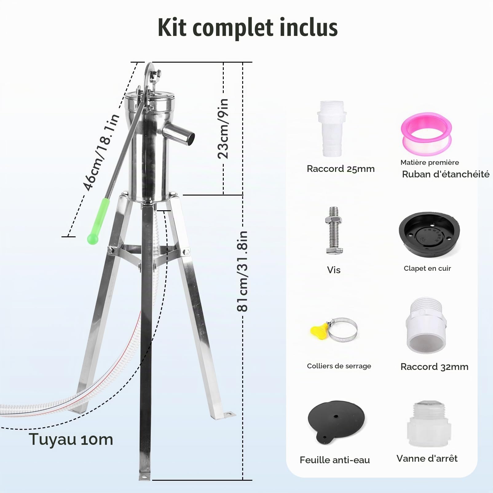 Pompe à eau manuelle pour puits avec tuyau 10m et support 58cm Pompe | jardin en acier inoxydable Kit complet pour eau de puits eau de pluie jardin ferme extérieur