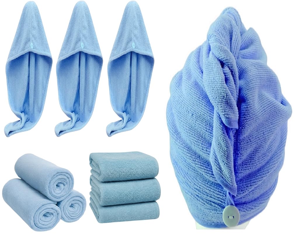 Wholesale Trade Dealz 3X Turban Hair Towels Wrap 100% Egyptian Cotton Super Soft Turban Twist Head Towel High Absorbent Hotel Quality Quick Dry Saloon Spa Hair Cap Towel (Sky Blue)