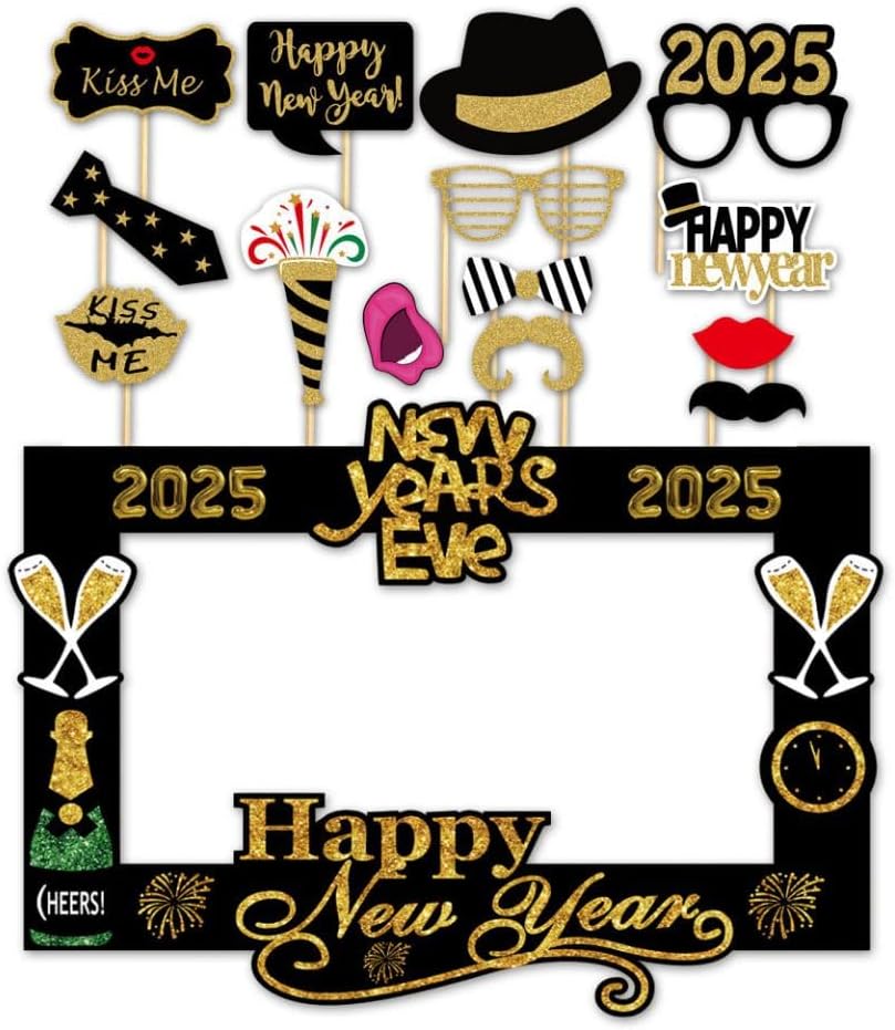 2026 Happy New Year's Eve Party Decoration Photo Booth Props Supplies with Paper Frame(Pack of 15)