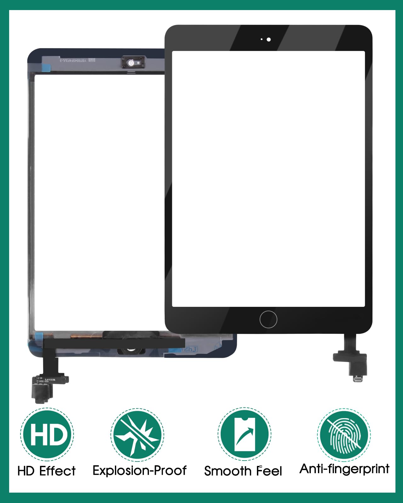 per iPad Mini 1 2 Touch Screen Digitizer Vetro di Ricambio per A1432, A1454, A1455, A1489, A1490 Touch Display Panel Kit Parti di Riparazione(Non LCD, con Pulsante Home) (Nero)