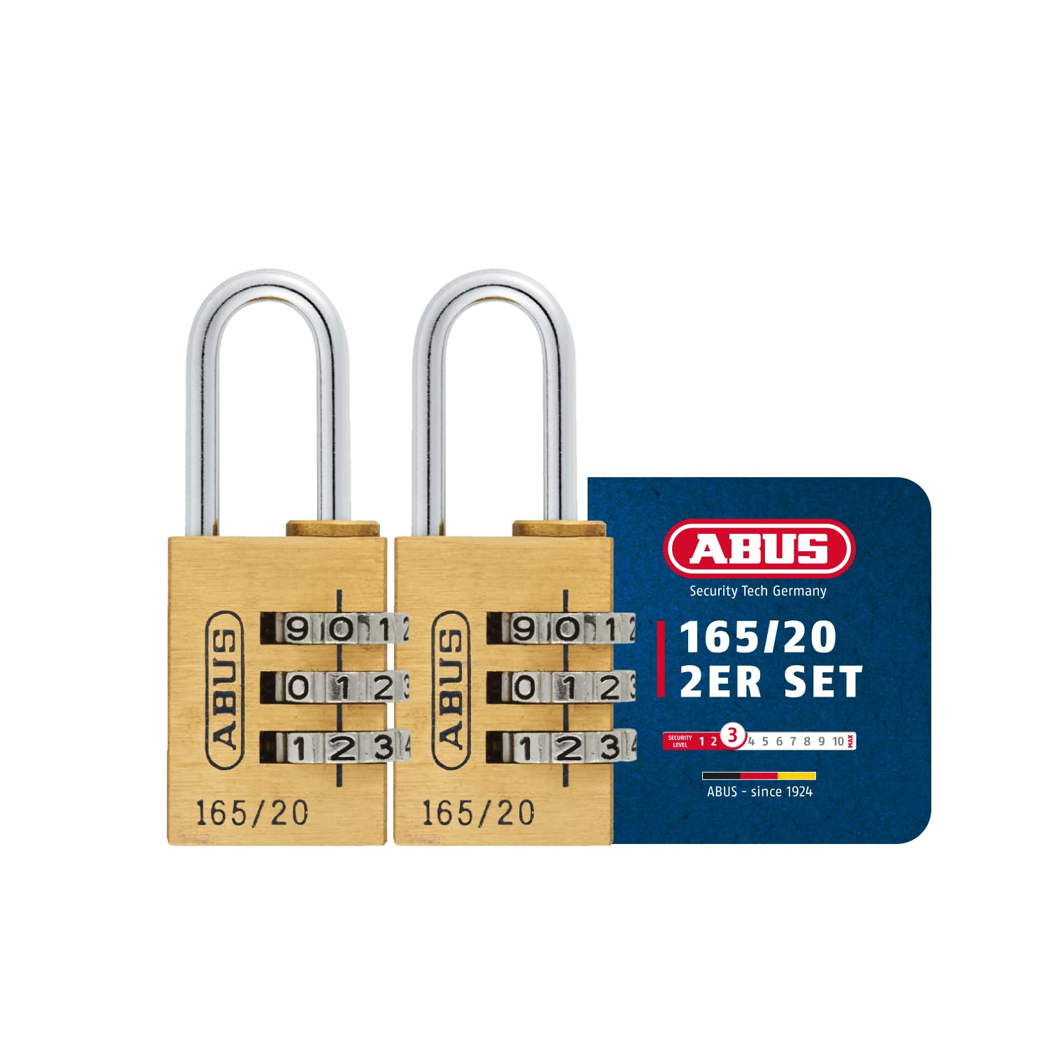 ABUS Zahlenschloss 165/20 - Vorhängeschloss aus Messing - 2er Set - mit individuell einstellbarem Zahlencode - Kofferschloss / Spindschloss - ABUS-Sicherheitslevel 3