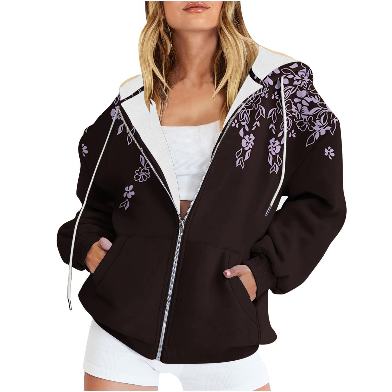 SYDUZAX Femme Sweat-Shirt Capuche Zippé Femme Sweat Imprimé Fleuri avec Fermeture Eclair Hoodie Manches Longues Et Poche Veste Chaude Chic Et Elegant Pas Cher Cardigan Sport Fitness Outdoor Basic