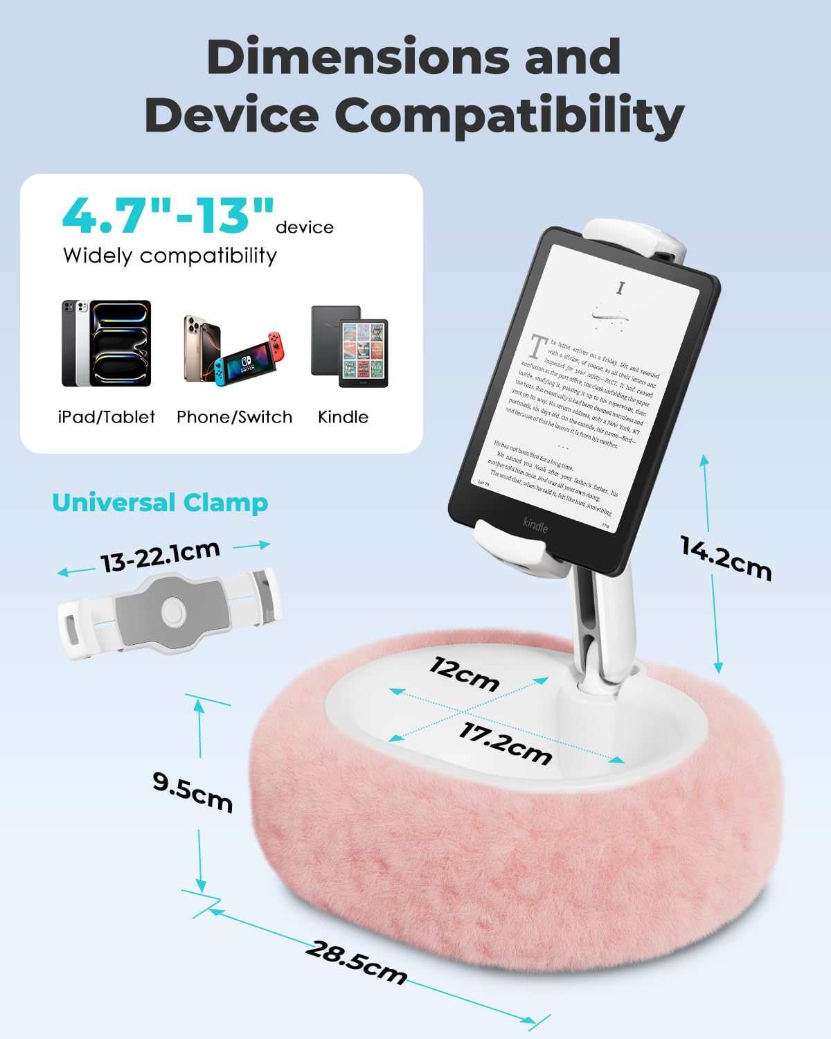 Viozon Supporto per Kindle, supporto per tablet, compatibile con tablet/telefono da 4-11 pollici con ciotola per snack, regolabile, pieghevole, accessori Kindle, idea per leggere a letto e guardare