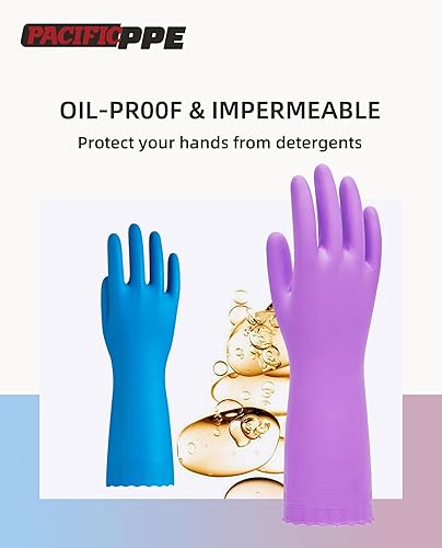 Miniatura 5 de PACIFIC PPE 2 pares de guantes de limpieza para lavavajillas sin látex, forro de algodón, guantes de cocina (morado + azul, grande)