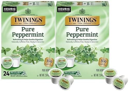 Twinings Pure Peppermint Herbal Tea K-Cup Pods for Keurig, 24 Count (Pack of 2), Made with 100% Pure Peppermint, Naturally Caffeine-Free, Enjoy Hot or Iced