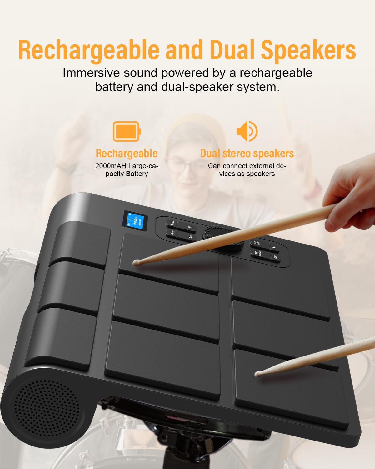 Batteria elettrica portatile a 9 pad con schermo LCD, doppio altoparlante stereo e pedali, batteria digitale per principianti/professionisti, compatibile con PC/MAC, pratica domestica e