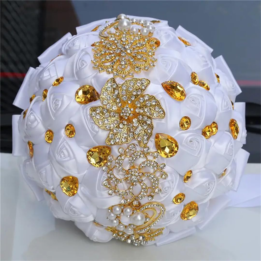 HJRegaFimu Gold Brooch Bridal Hand Holding Flower Bouquets White Crystal Solid Silk Bridesmaid Wedding Bouquet Diameter 15cm