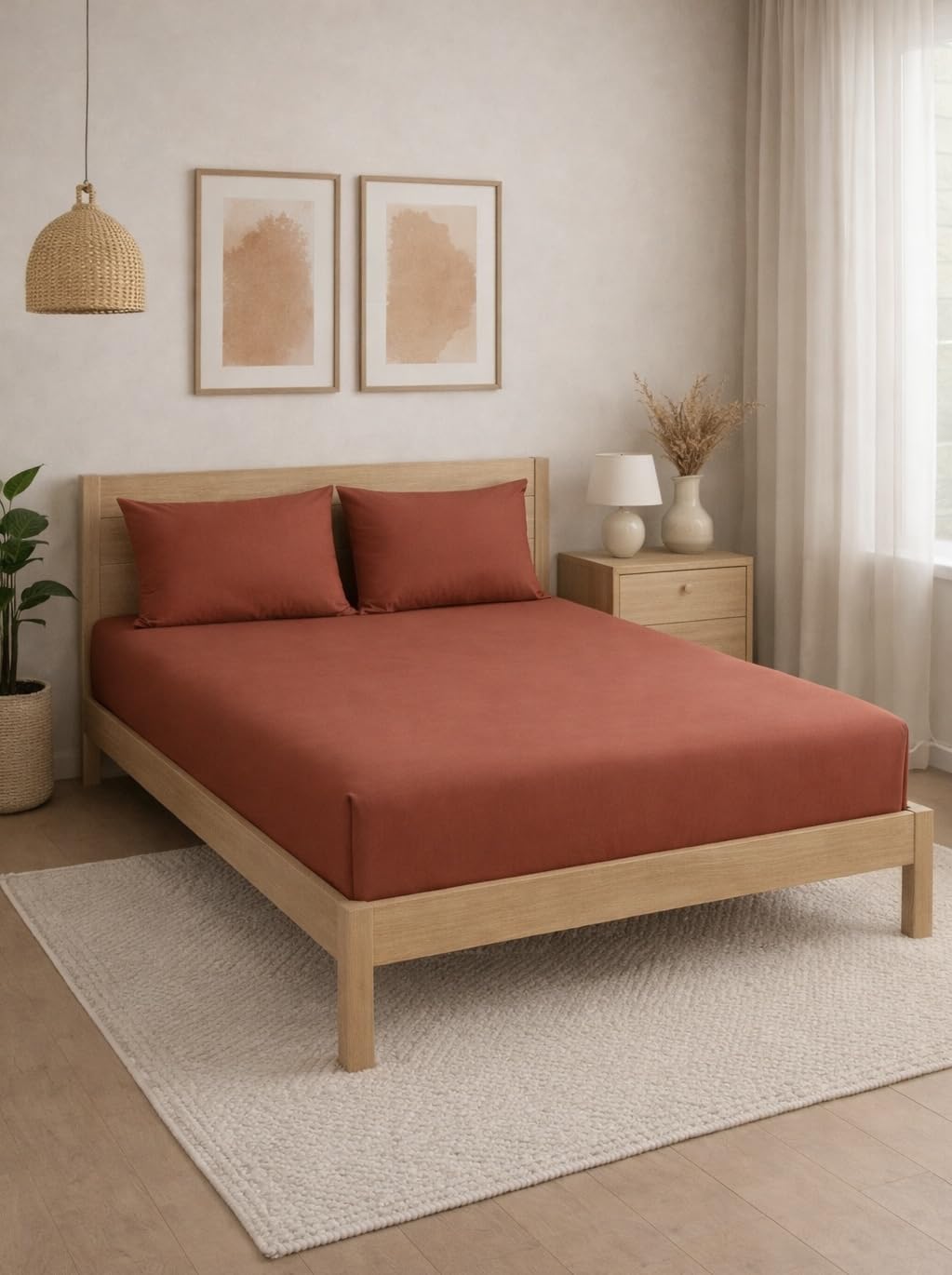 THE HOME STYLE Solid Plain Cotton Feel Fitted Bedsheet King Size (72x78 inches) | 2 Pillow Covers | 300 TC | Elastic Fit | Fits Upto 8 Inch Mattress (Terracotta)