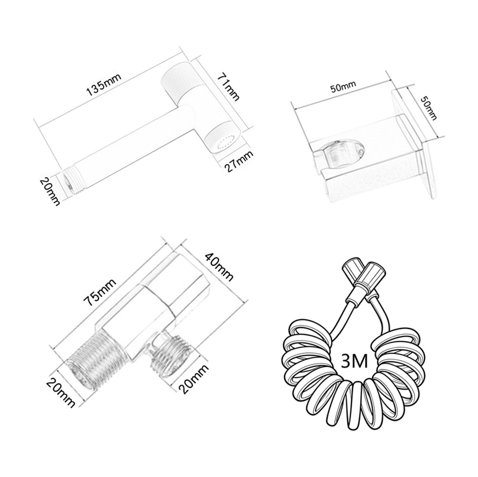 Blanco Kit Pulverizador de Bidé para Inodoro con Manguera y Soporte Grifo para Wc de Pared de Latón para La Limpieza Del Baño