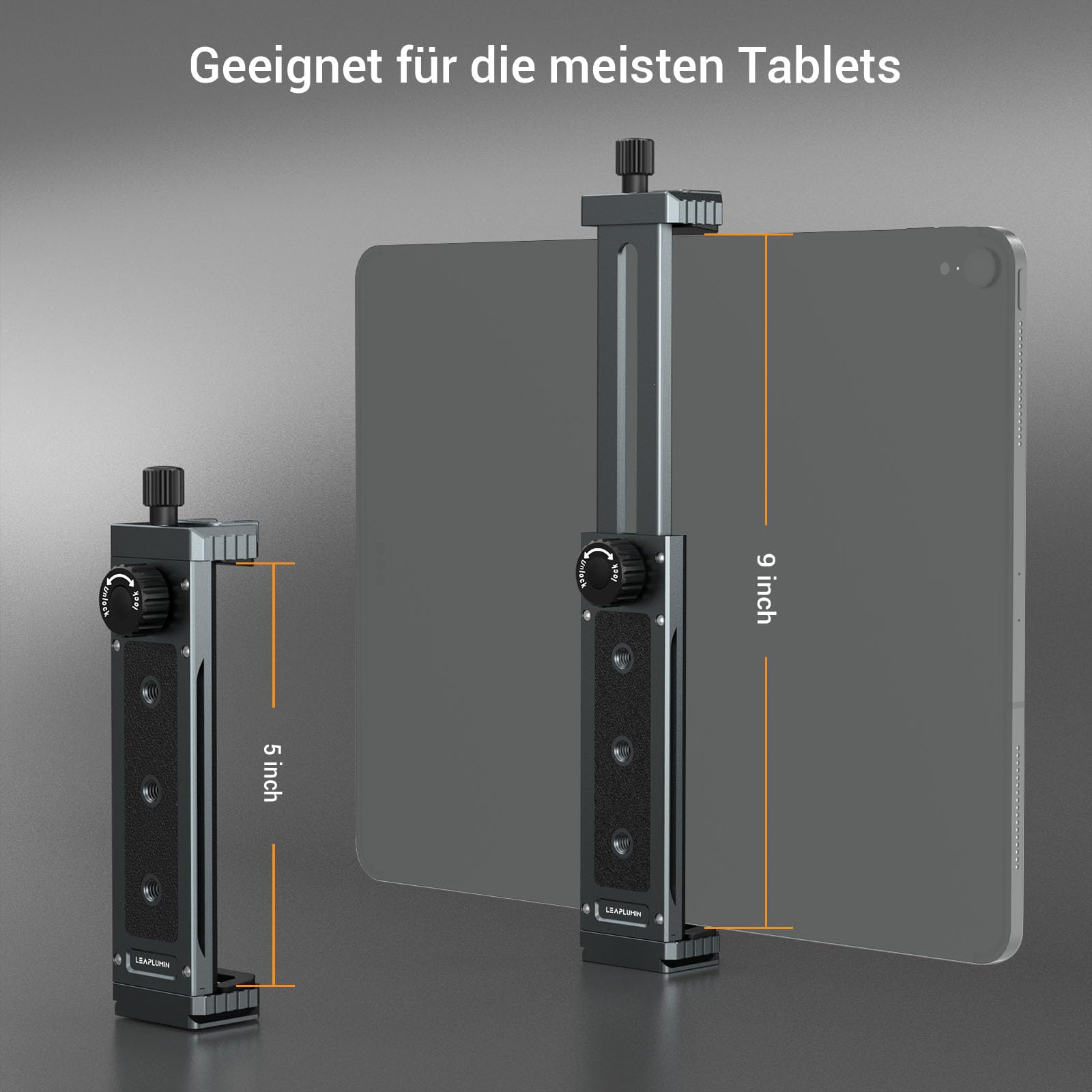 Supporto per treppiede in alluminio per iPad Pro – Supporto universale regolabile con vite da 1/4", compatibile con iPad da 4,7" a 12,9", Surface, Galaxy Tab – Robusto supporto per tablet per