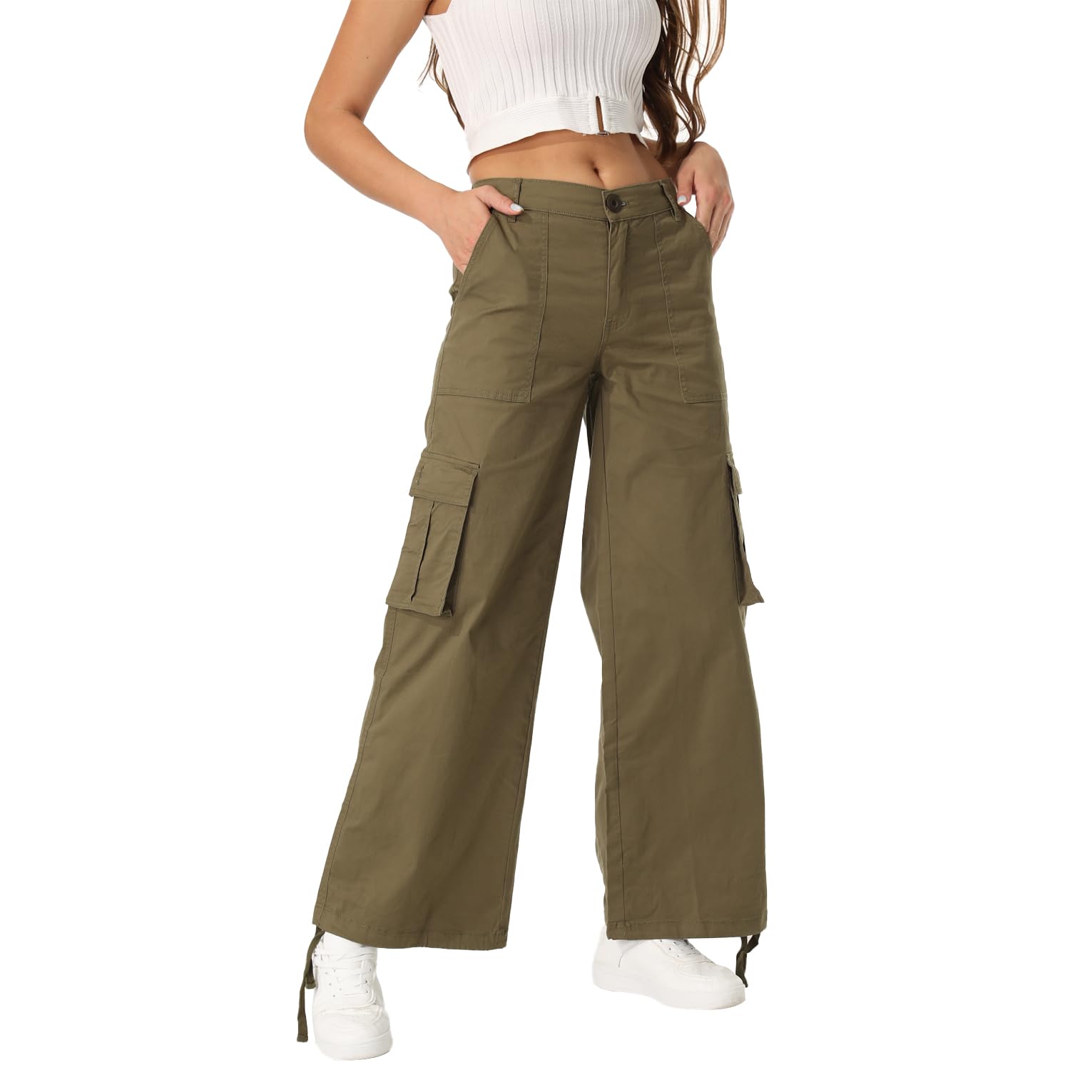 XNYAMA Wide Leg Cargo Pants Womens Girls Cotton Baggy Streetwear Casual Trendy Work Trousers with 6 Pockets