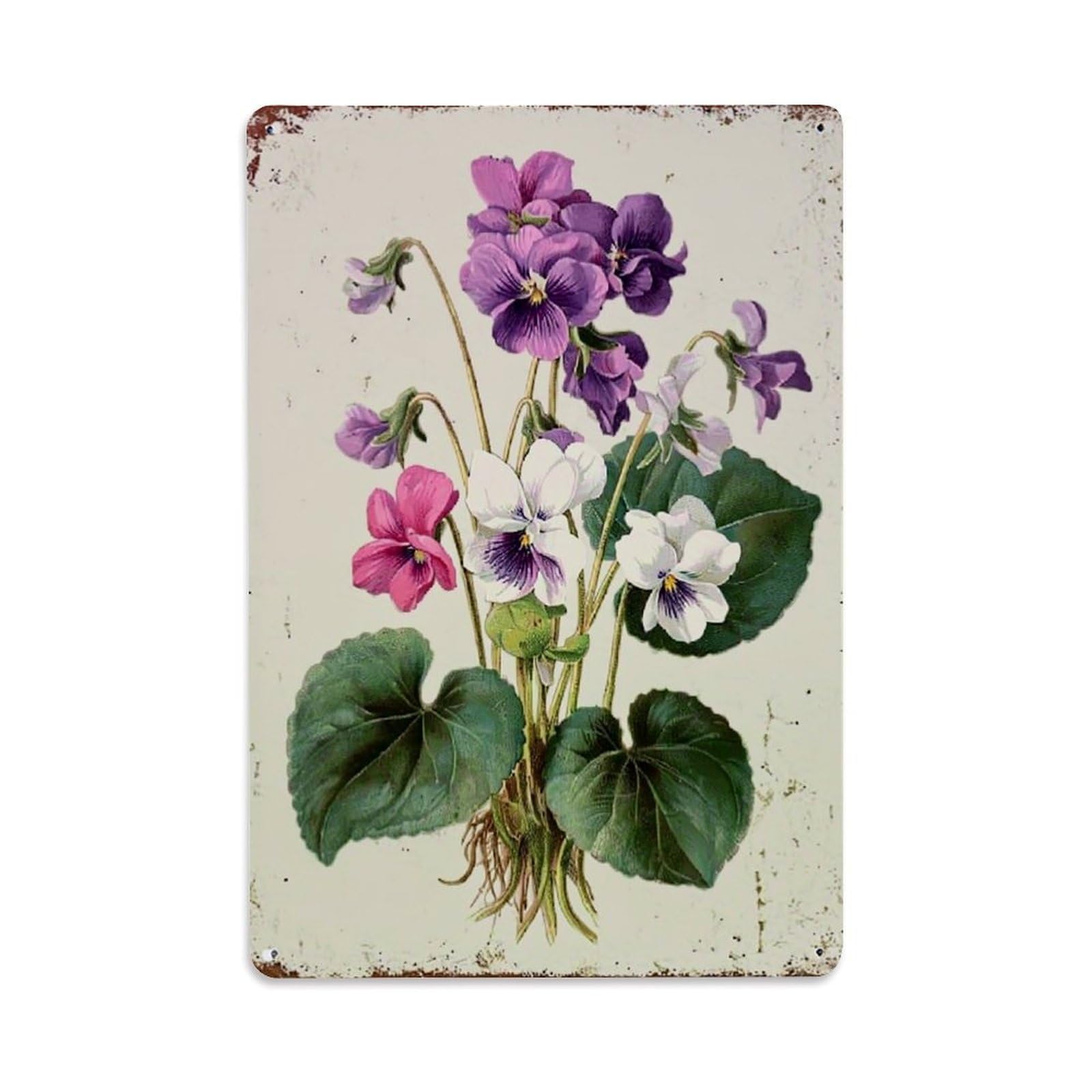 Jdfenggu Vintage Violet Flowers With Green Leaves Retro Metal Tin Sign, Decor Art Poster For Bar, Home, Man Cave, Kitchen, Laundry Room Gift 8X12inch