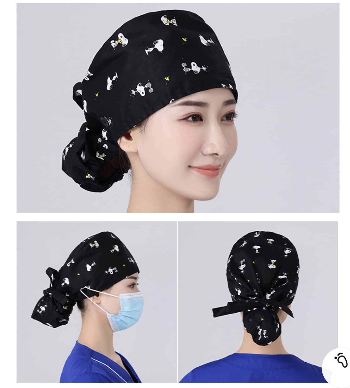 Working Cap with Buttons and Sweatband Adjustable Scrub Caps for Women Men Working Hats Long Hair Head Covers Black
