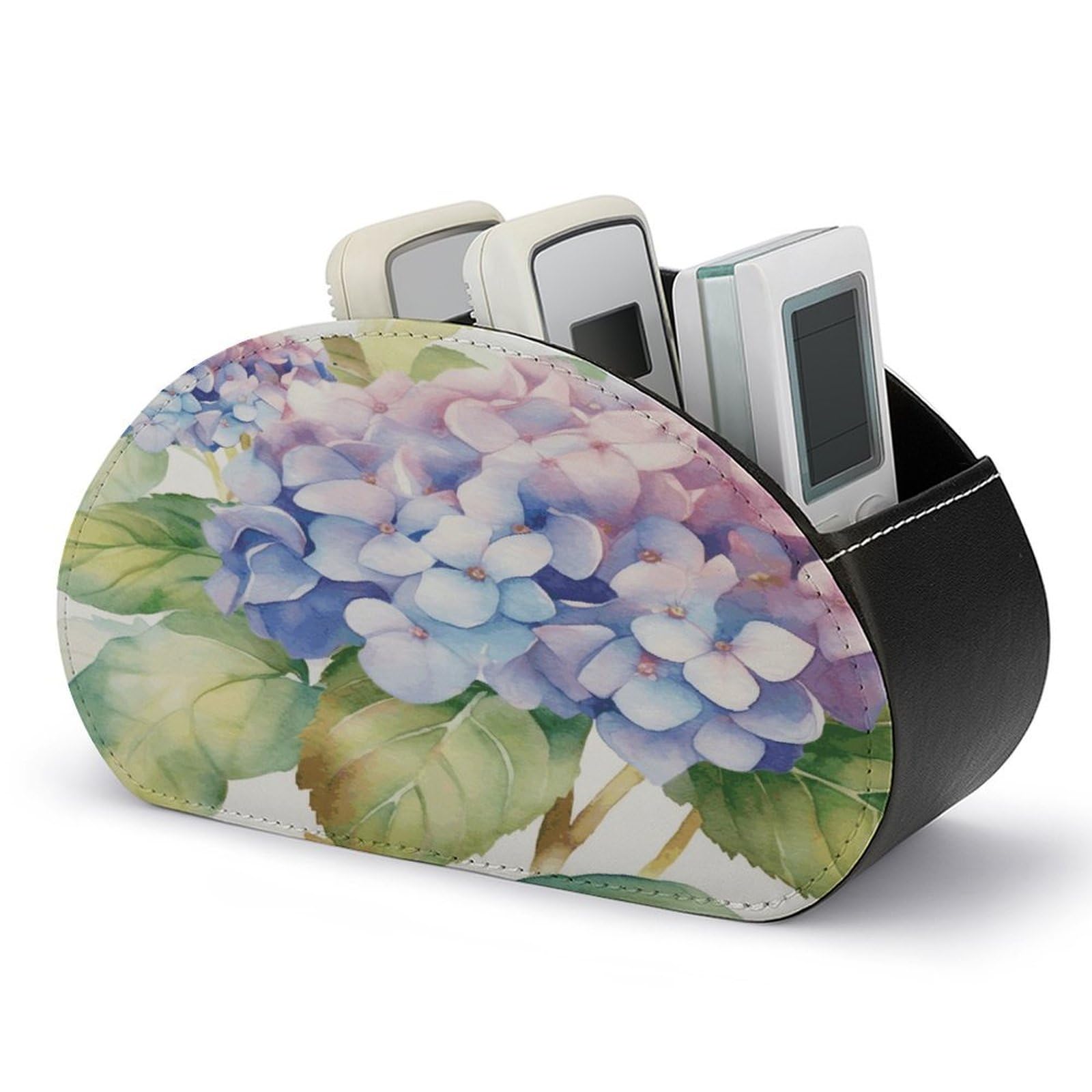 VstaDank Hydrangea Watercolor Remote Control Holder with 5 Compartments PU Leather TV Remoter Caddy Desktop Organizer TV Remote Holder Remote Box for Media Controllers Office Supplies