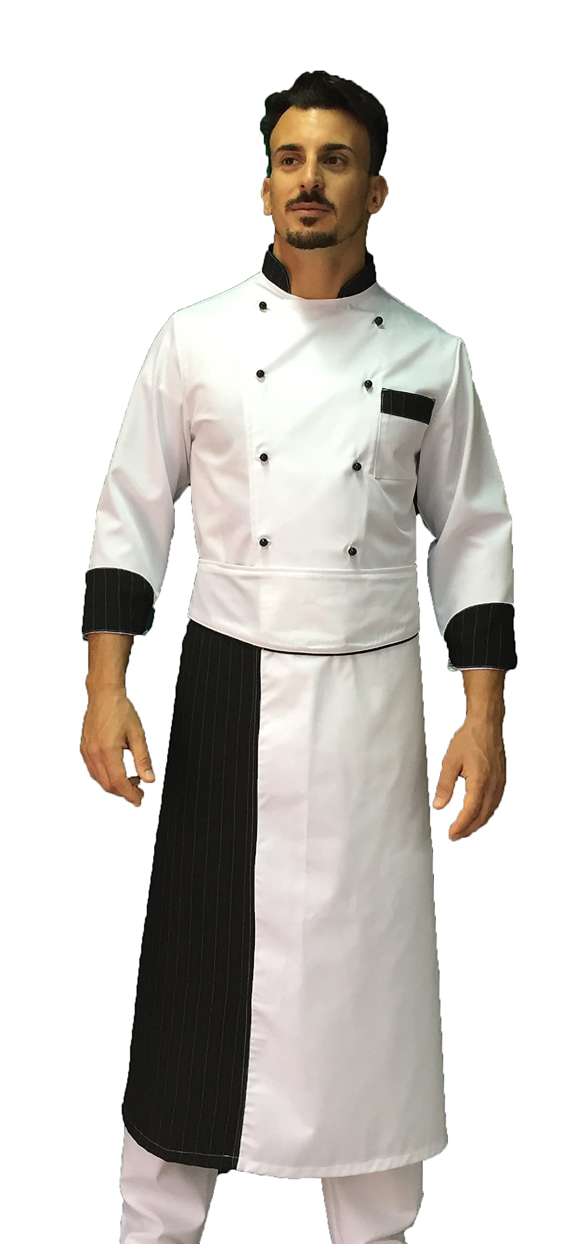 Ricamo Gratuito - Completo Cuoco Uomo - Bianco e Nero Gessato - Divisa Chef - Giacca, Pantaloni e Grembiule - 100% Cotone - Uniforme per Cucina e Ristorante