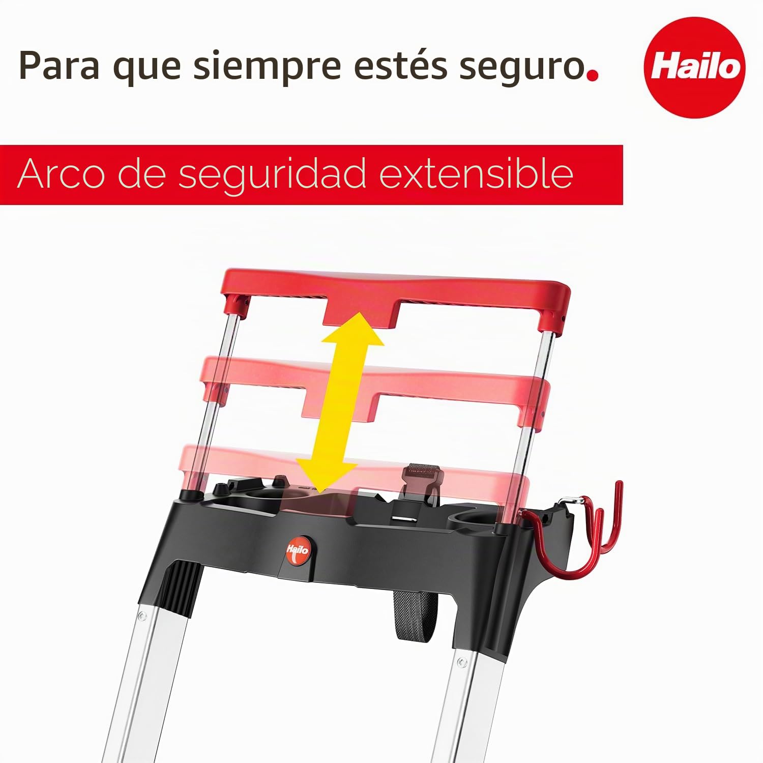Hailo Topline L100 Escalera de tijera de aluminio de seguridad, 7 peldaños XXL de hasta 150 kg, escalera de pie con soporte extensible, bloqueo de plataforma, muchos accesorios, escalera de aluminio